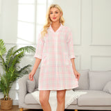 RH Women's Sleep Shirt Plaid Bathrobe 3/4 Sleeves Button Down Fleece Nightshirts Dress RHW4032