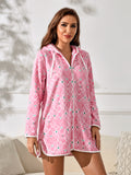 Richie House Casual Nights Women's Summer Print Bathrobe Zip Up Long Sleeve Sleepwear Dress RHW4094