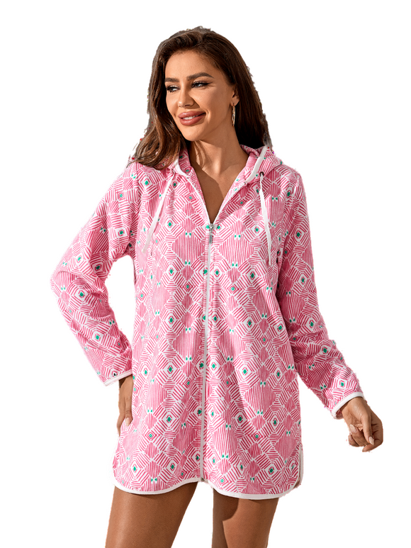 Richie House Casual Nights Women's Summer Print Bathrobe Zip Up Long Sleeve Sleepwear Dress RHW4094