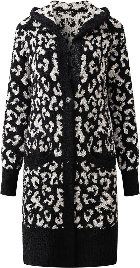 Richie House Hooded Lounge Long CARDIGAN Sweater Fluffy Knit Black Leopard Open Front RHW4098