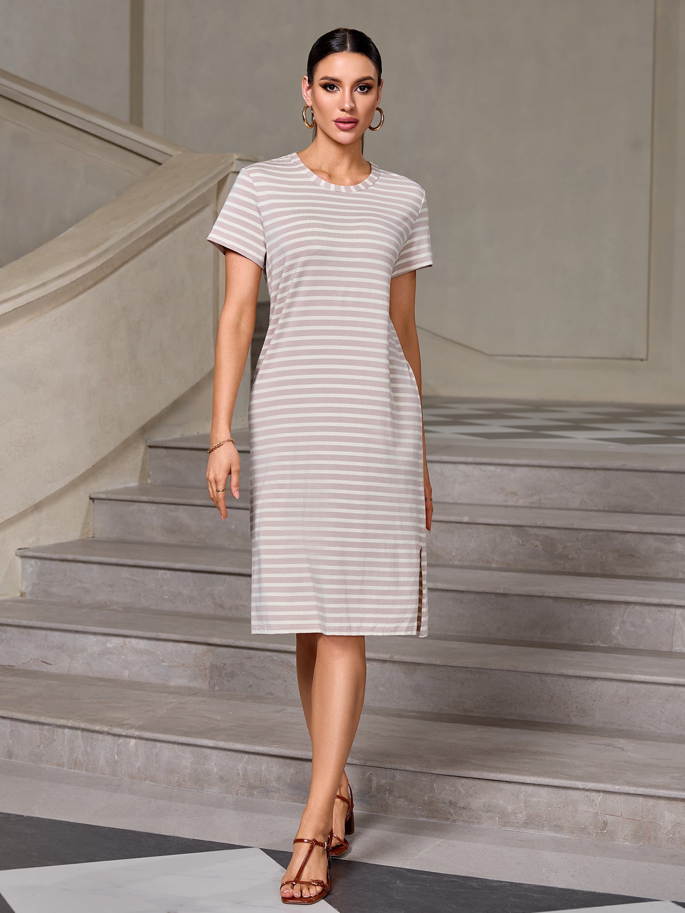 Richie House Women's Casual Striped T-Shirt Dress  Cotton Knee-Length Summer Dress RHW4107