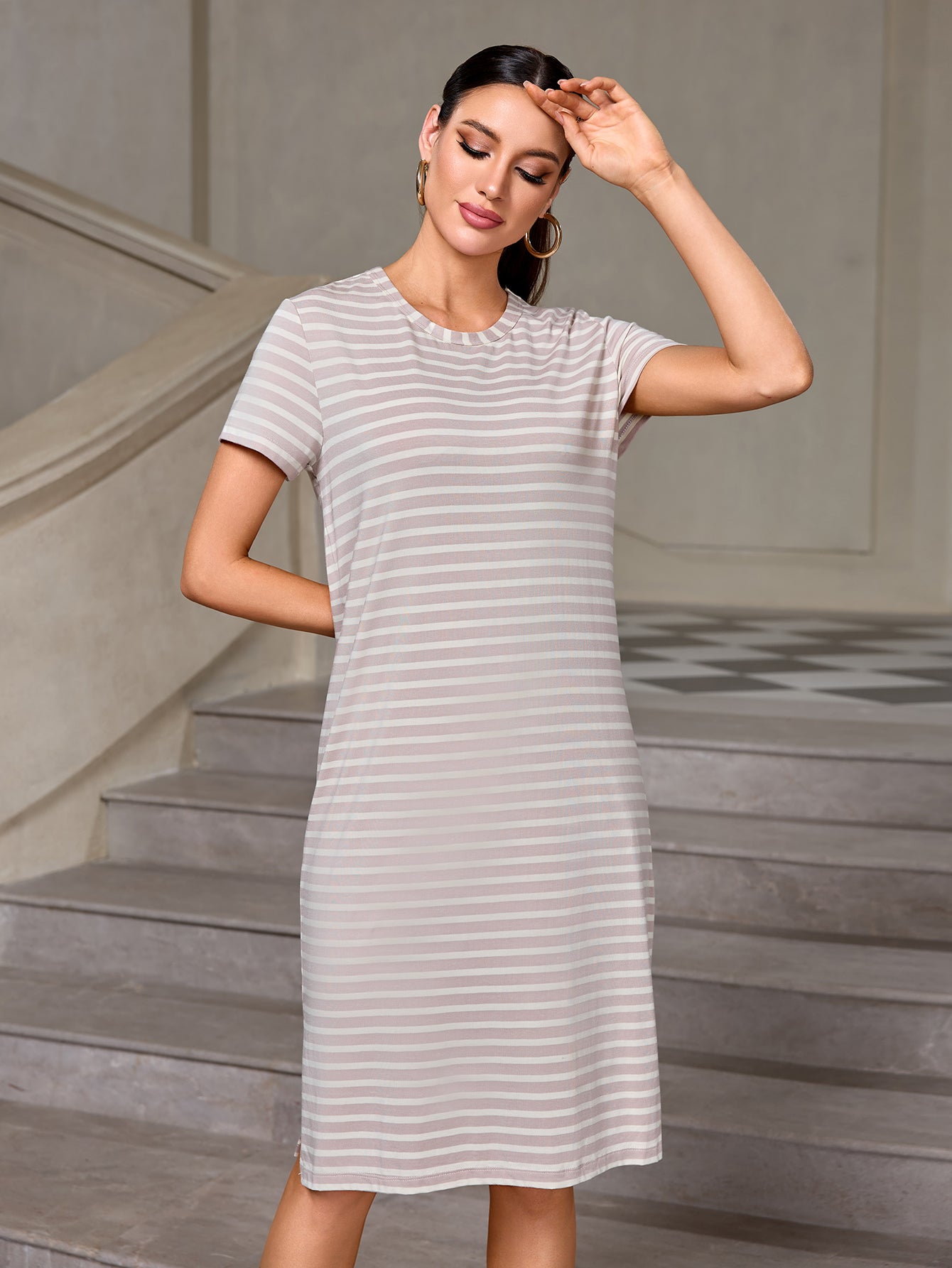 Richie House Women's Casual Striped T-Shirt Dress  Cotton Knee-Length Summer Dress RHW4107