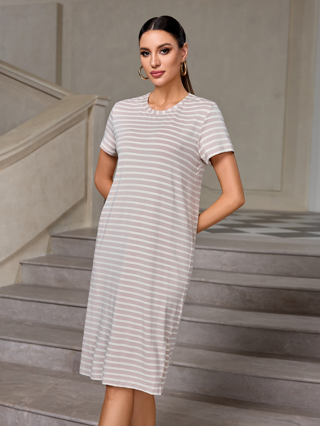 Richie House Women's Casual Striped T-Shirt Dress  Cotton Knee-Length Summer Dress RHW4107