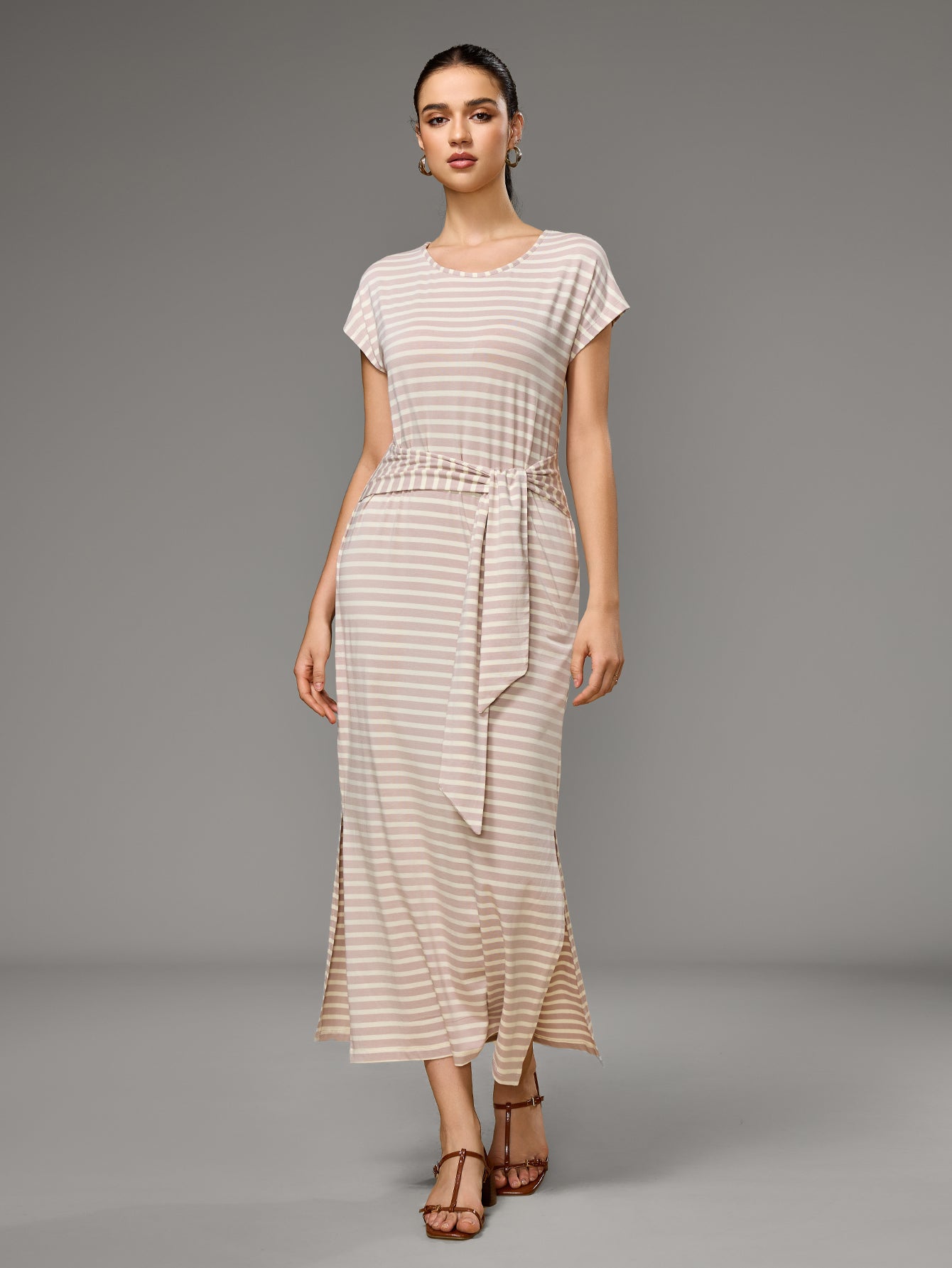 Richie House Women's Striped Belted Maxi Dress Soft Stretchy Summer Dress with Side Slit RHW4108