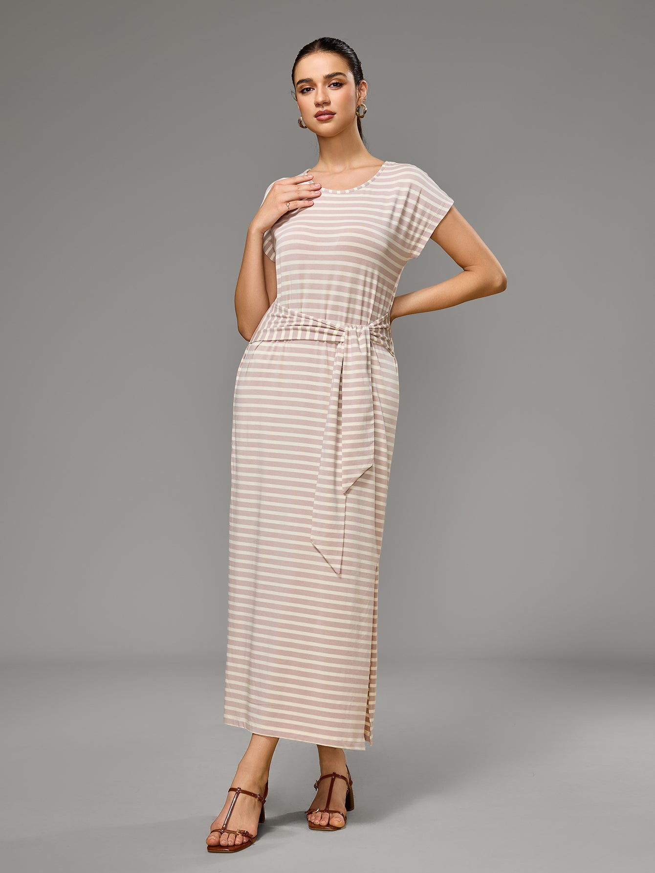 Richie House Women's Striped Belted Maxi Dress Soft Stretchy Summer Dress with Side Slit RHW4108