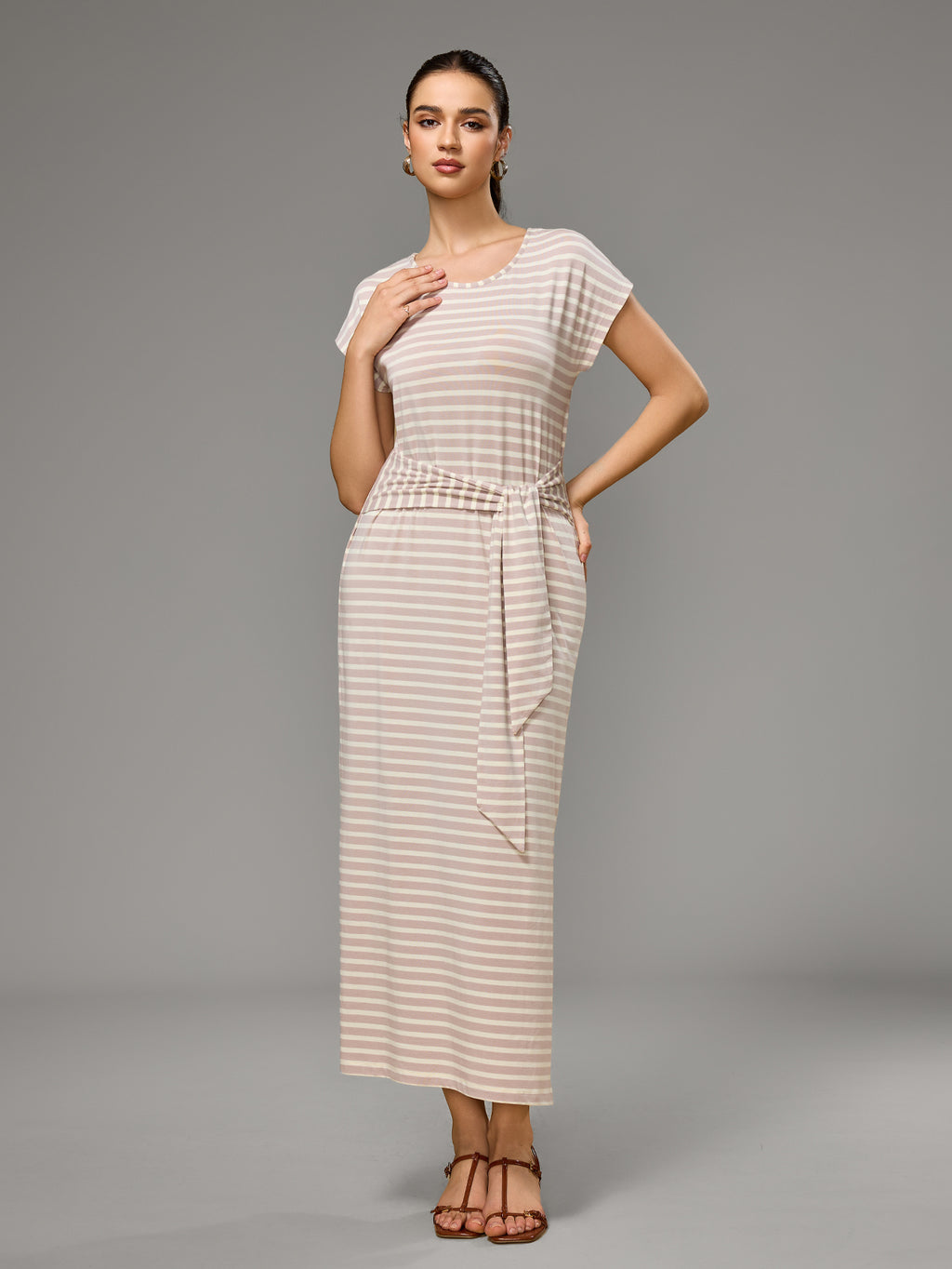 Richie House Women's Striped Belted Maxi Dress Soft Stretchy Summer Dress with Side Slit RHW4108