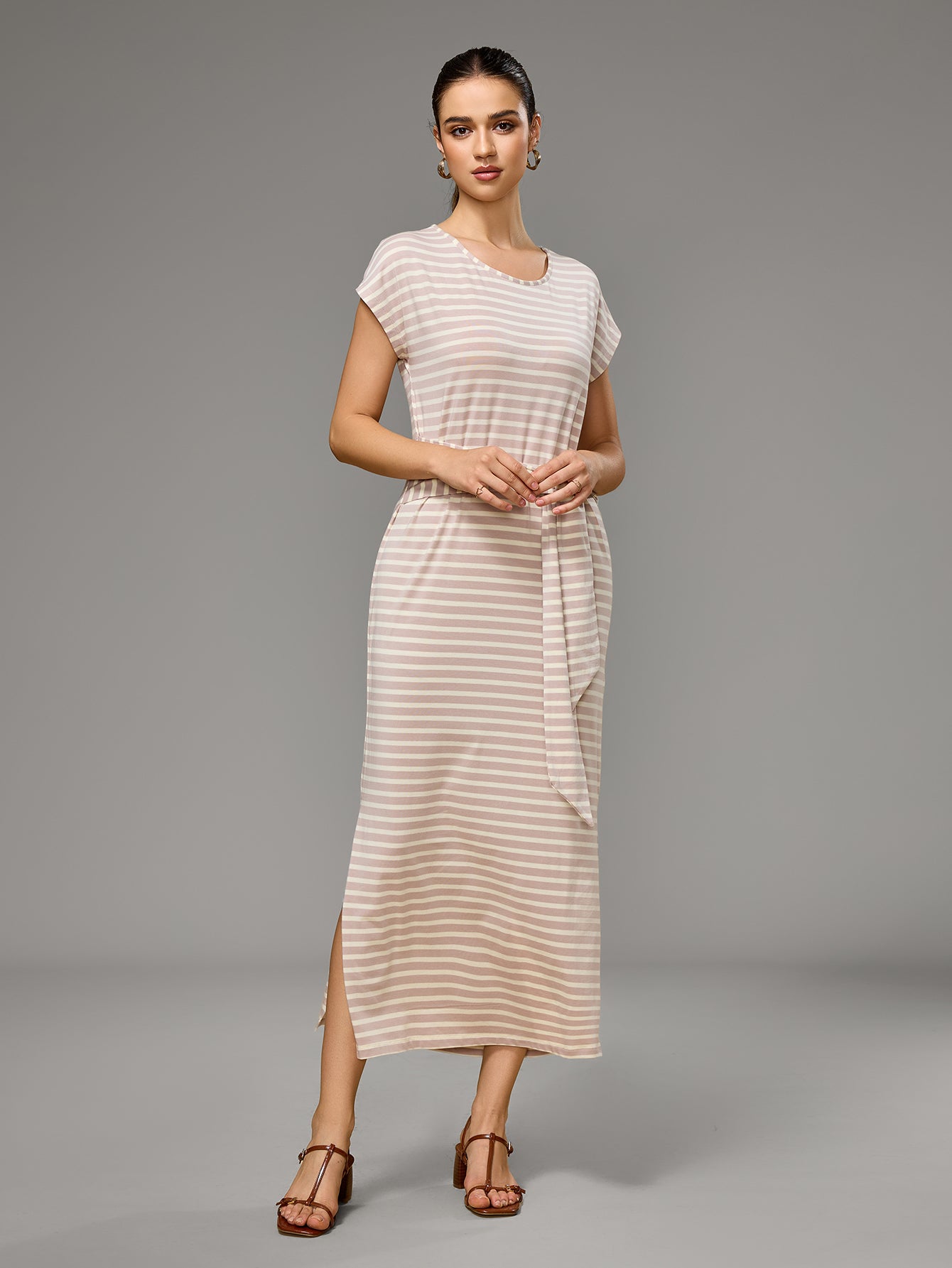 Richie House Women's Striped Belted Maxi Dress Soft Stretchy Summer Dress with Side Slit RHW4108
