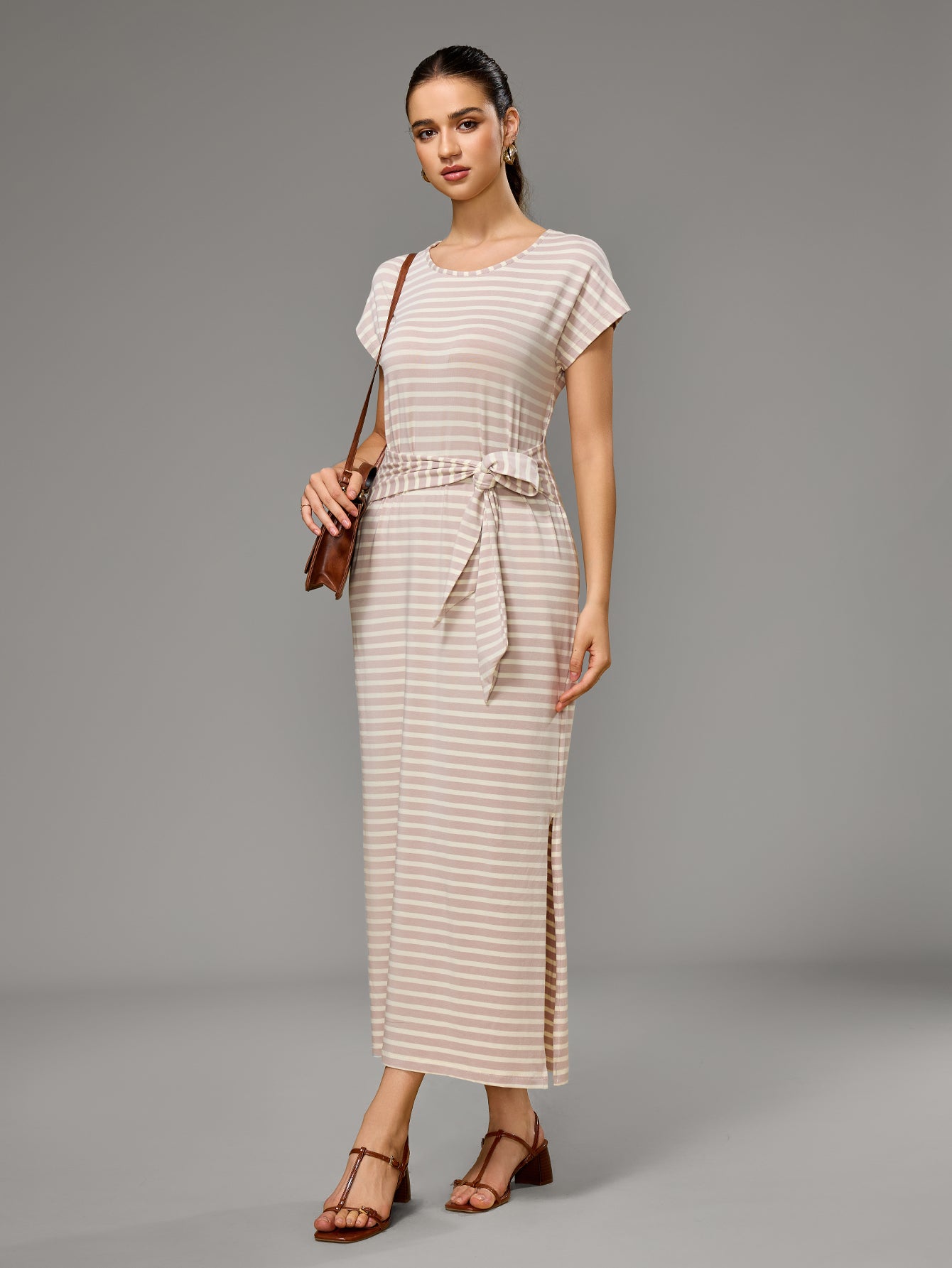 Richie House Women's Striped Belted Maxi Dress Soft Stretchy Summer Dress with Side Slit RHW4108