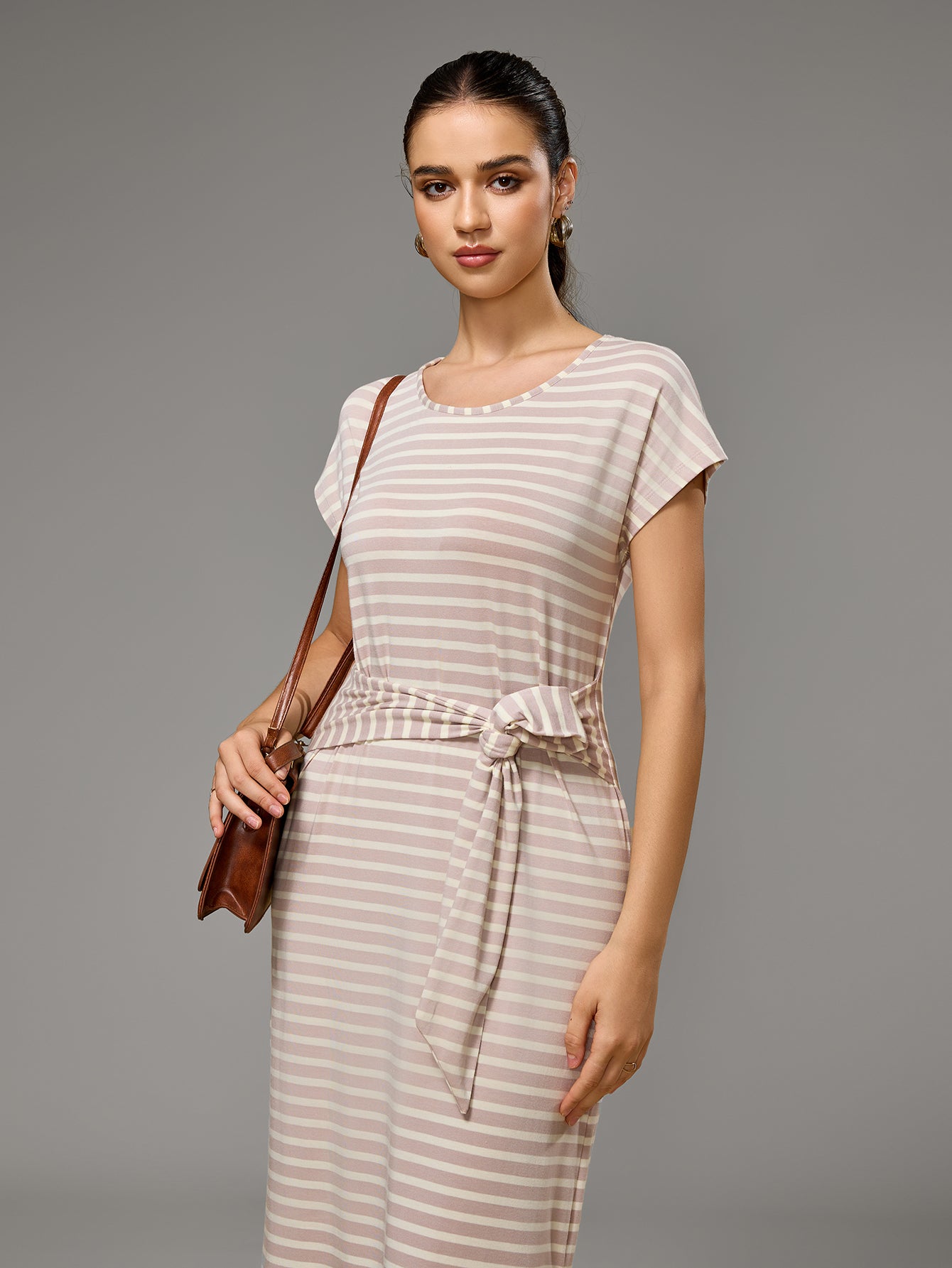 Richie House Women's Striped Belted Maxi Dress Soft Stretchy Summer Dress with Side Slit RHW4108