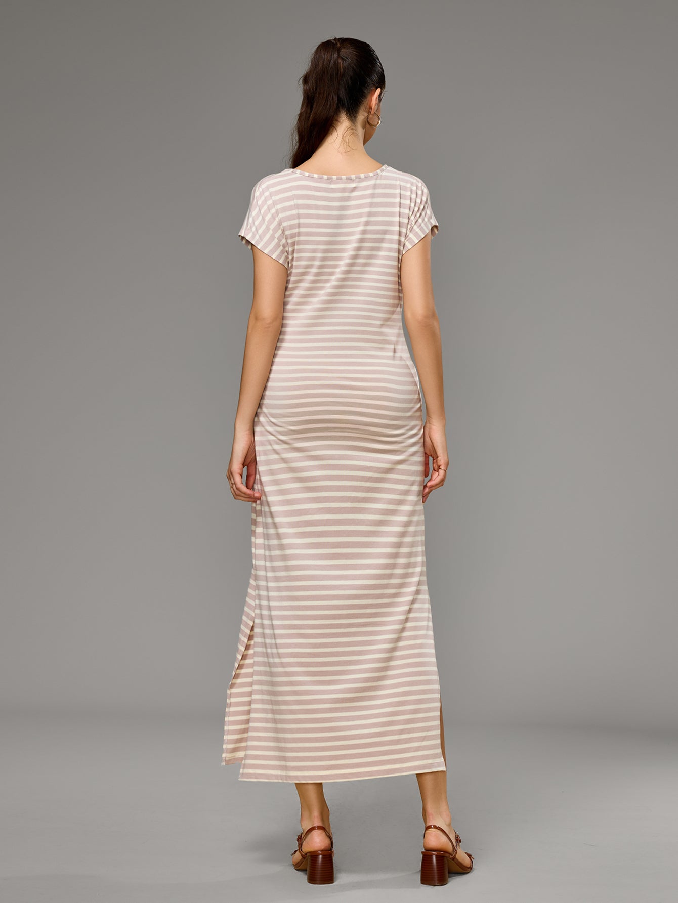 Richie House Women's Striped Belted Maxi Dress Soft Stretchy Summer Dress with Side Slit RHW4108