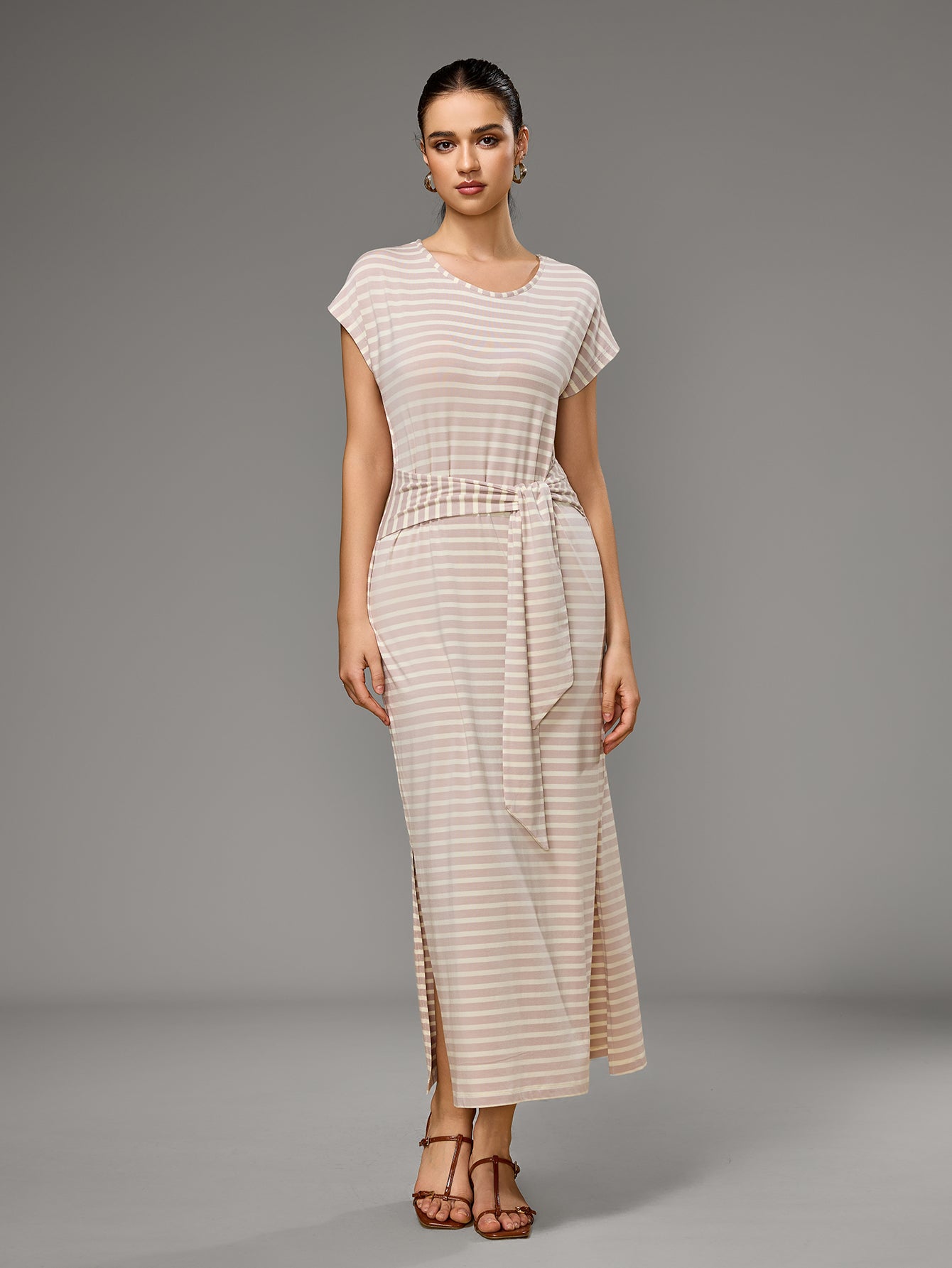 Richie House Women's Striped Belted Maxi Dress Soft Stretchy Summer Dress with Side Slit RHW4108