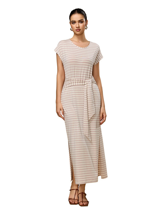 Richie House Women's Striped Belted Maxi Dress Soft Stretchy Summer Dress with Side Slit RHW4108