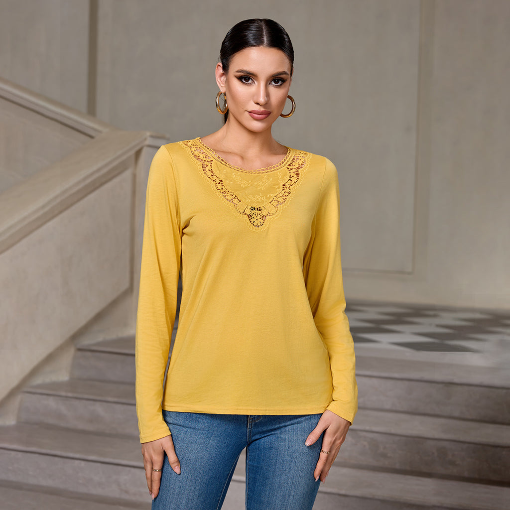 Richie House Women's Cotton Long Sleeve T-Shirt with Lace Neckline Casual Top for Fall & Spring RHW4109