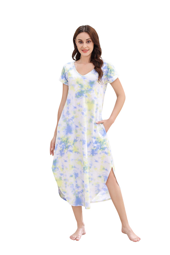 Richie House Nightgowns Nightdress Women V Neck Print Short Slit Sleepwear S-XXL RHW2895