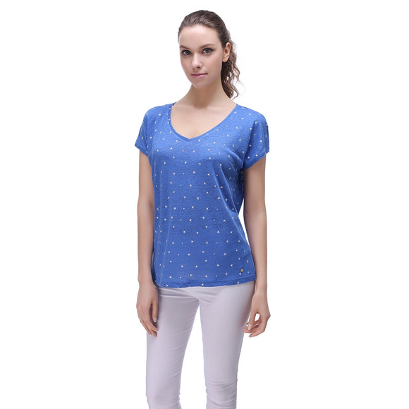 RH Women's Short Sleeve Starfish Print Solid Linen V-Shape Shirt Tops Tee RH2027