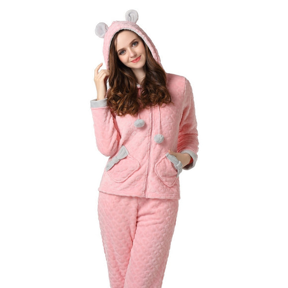 RH Women's Comfy Hooded Ears Two Piece Long Sleepwear Lounge Pajama Set UNISIZE RHW2321