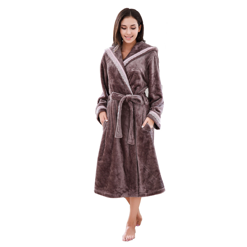 RH Ladies Fleece Hooded Robe Soft Dressing Gown Bath Nightwear Spa Coat RHW2778