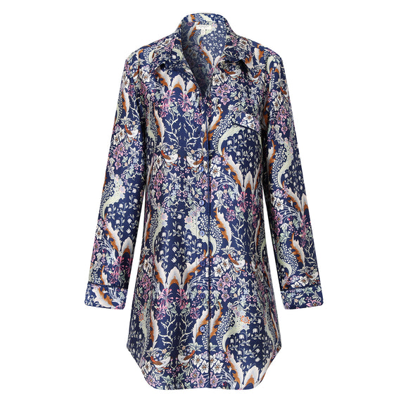 Richie House Women's Printed Satin Long Sleeve Dress Nightshirt Button Sleepwea PJ RHW2812