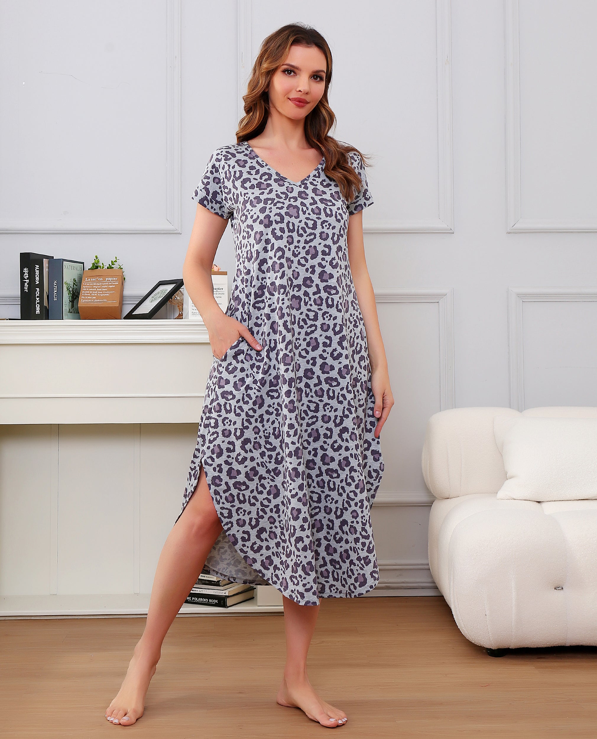 Richie House Nightgowns Nightdress Women V Neck Print Short Slit Sleepwear S-XXL RHW2895