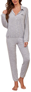 RH Women’s Pajama Set Collared Long Sleeve V-Neck Top/Pants PJS Set RHW2927-C