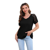 RH Women's Lace Short Sleeve V-Neck Shirt Loose Casual Knit Top Blouse RHW4016