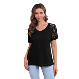 RH Women's Lace Short Sleeve V-Neck Shirt Loose Casual Knit Top Blouse RHW4016