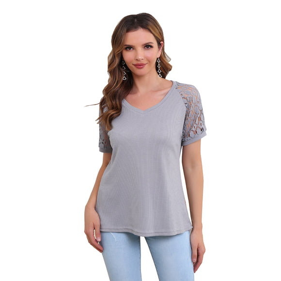 RH Women's Lace Short Sleeve V-Neck Shirt Loose Casual Knit Top Blouse RHW4016