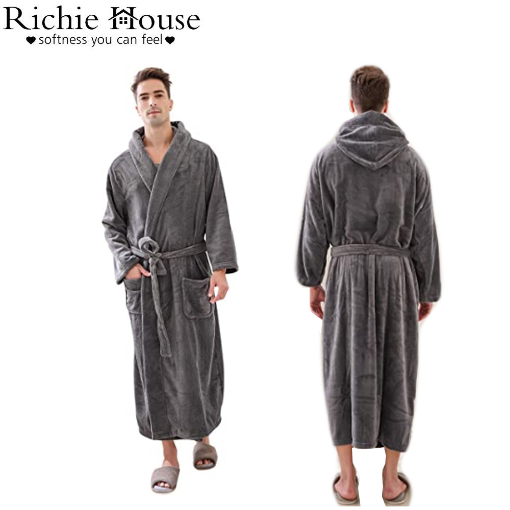 RH Men Belted Bathrobe Long Soft Fleece Collared Hooded Robe Spa Sleep RHM2760